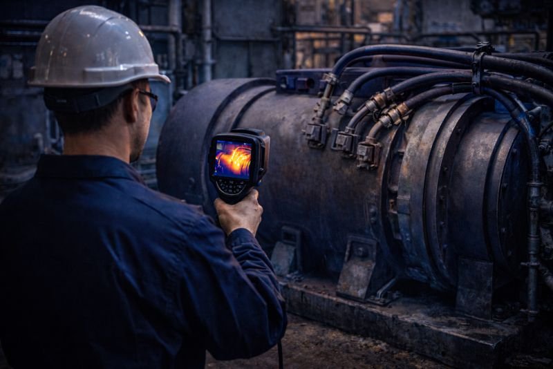 Documentary-style photograph of a technician inspecting an industrial generator with a handheld thermal camera, with heat hotspots visible only on the camera display.