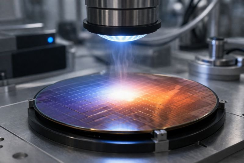 Photorealistic scientific close-up of a semiconductor wafer under bright blue-white illumination in a clean laboratory setting, with subtle heat shimmer and warm glow suggesting excess photon energy relaxing into the crystal lattice.