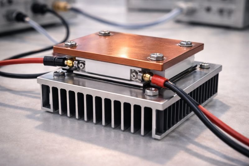 Compact thermoelectric generator module mounted between a warm metal plate and a finned heat sink in a laboratory setup for thermal energy conversion.