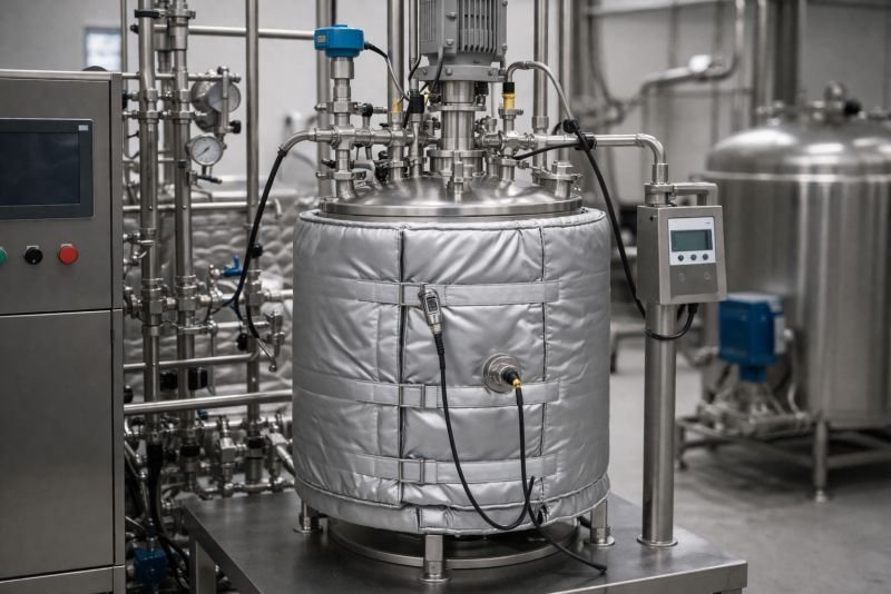 Compact insulated bioreactor with temperature sensors, heating jacket, and stainless process hardware in a pilot plant setting