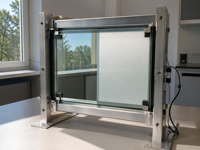 Thermotropic liquid crystal smart glazing sample in a laboratory test frame, showing one area becoming more diffused as sunlight raises the material temperature.