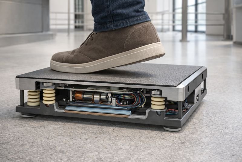 Photorealistic cutaway of a compliant electromechanical energy-harvesting platform under a person’s foot, showing a realistic coil and moving magnet assembly, piezoelectric layer, wiring, and structural support elements in a clean architectural interior.