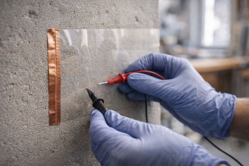 Photograph of a technician pressing a thin transparent conductive film against a concrete wall sample, with copper tape along the edge and multimeter probes testing the surface in a workshop setting.