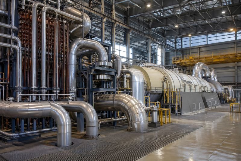 Ultra-supercritical steam cycle power plant interior showing high-pressure steam piping, insulated boiler tubes, and large turbine generators in a modern industrial facility