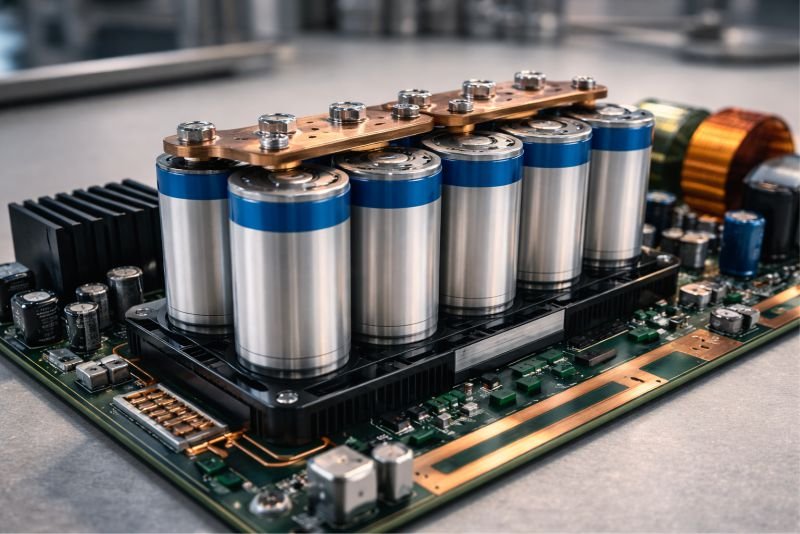 Close-up of an ultracapacitor module mounted beside compact power electronics on an open device board, showing cylindrical electrode canisters and copper interconnects used in electrochemical energy storage.
