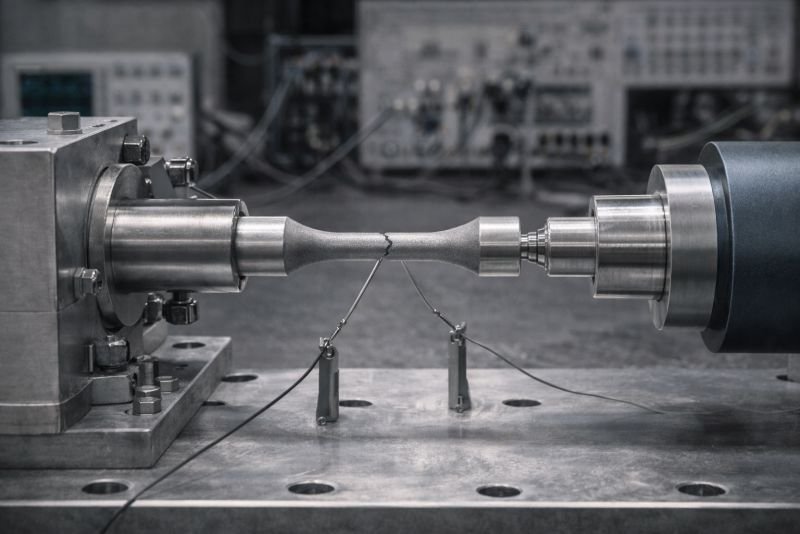Materials laboratory setup showing a high-frequency fatigue test specimen mounted in a precision rig with fine instrumentation and close structural detail for ultrasonic fatigue testing.