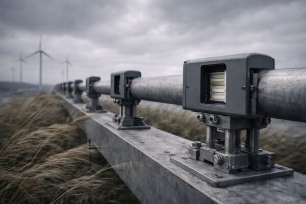 Futuristic ultrasonic wind energy harvester modules mounted on exposed coastal infrastructure in strong wind, with weatherproof housings and integrated resonator elements in a harsh marine environment.