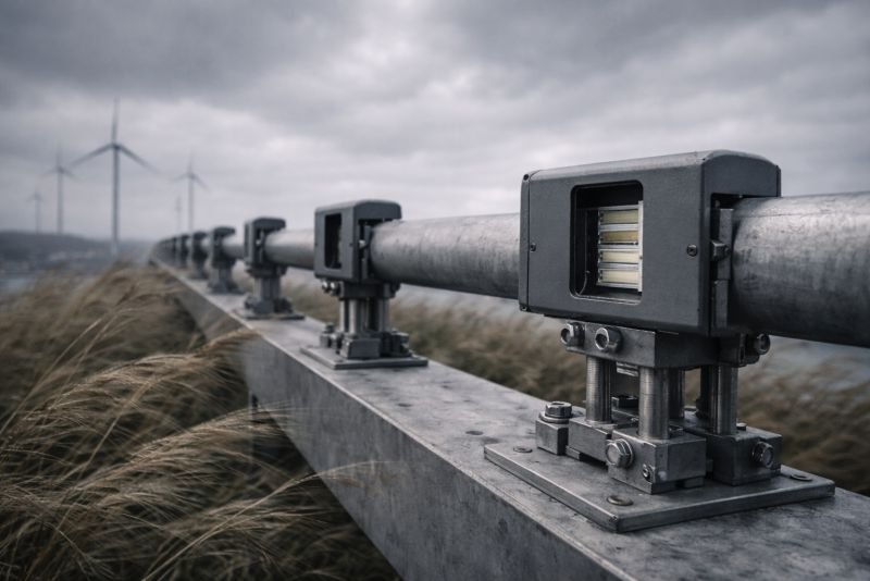 Futuristic ultrasonic wind energy harvester modules mounted on exposed coastal infrastructure in strong wind, with weatherproof housings and integrated resonator elements in a harsh marine environment.