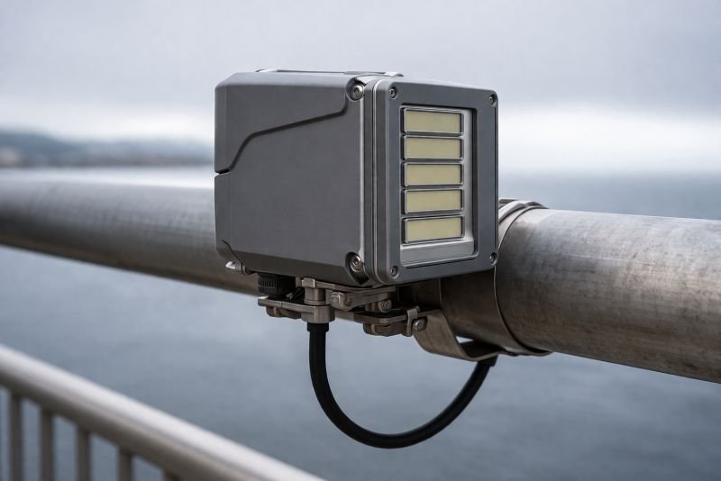 Close-up view of an ultrasonic wind energy harvester concept, showing a sealed module beside an opened housing with resonator stack, electronics, and mounting interface.