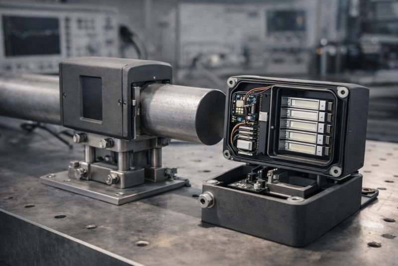 Laboratory prototype of an ultrasonic wind energy harvester, showing a mounted structural test cylinder beside an opened weatherproof module with resonator array and internal electronics.