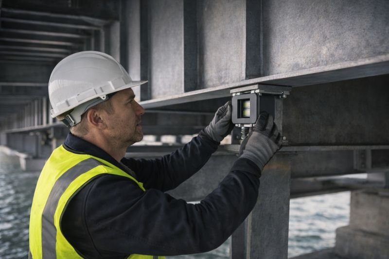 Structural engineer installing an ultrasonic wind harvester and sensor module on a steel support beam, illustrating vibration damping and structural monitoring in exposed infrastructure.