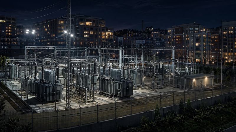 Urban electrical substation at night with advanced switching equipment beside nearby apartment buildings.