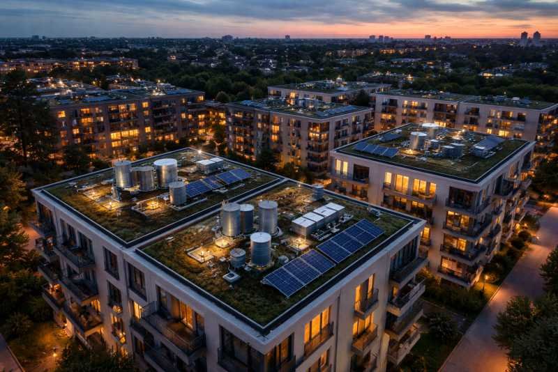 Aerial view of a modern urban residential block at dusk with rooftop installations and illuminated apartment windows