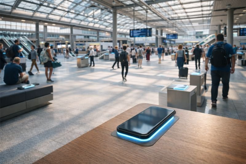 Modern urban transit hub with illuminated contact charging pads built into seating and public surfaces under a large skylit interior