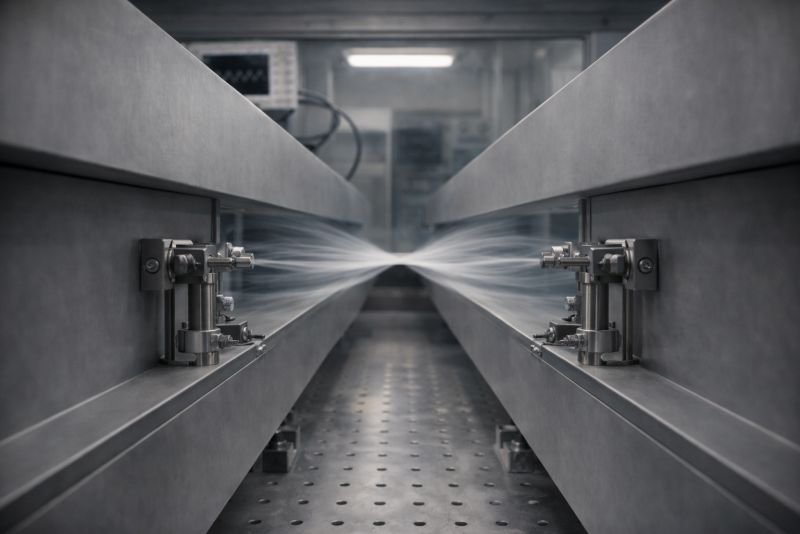 Wind engineering laboratory setup showing airflow accelerated through a narrowed channel between smooth structural surfaces, illustrating the Venturi effect in fluid mechanics.