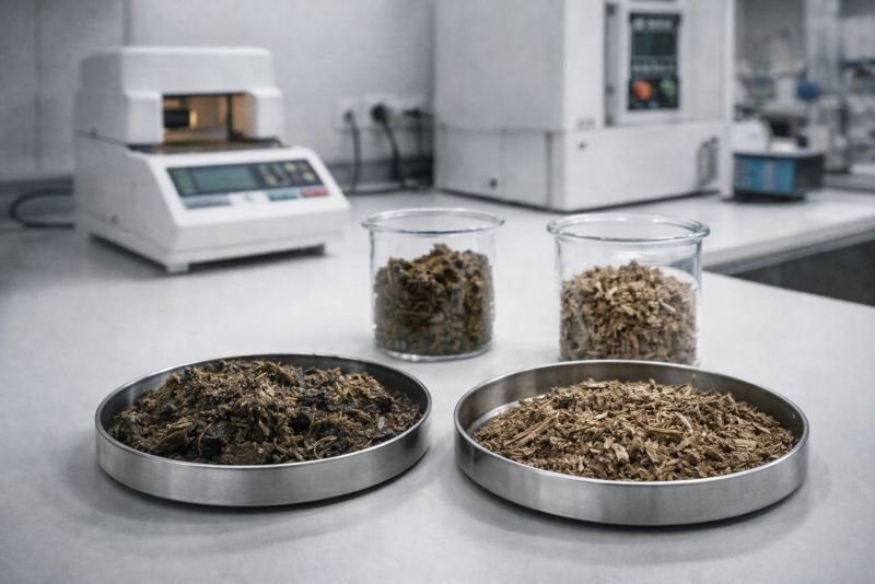 Laboratory scene with biomass samples, drying trays, and solids testing equipment used to measure volatile solids in bioprocess engineering
