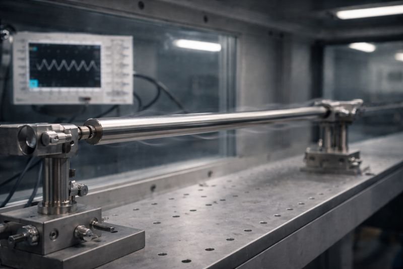 Wind tunnel laboratory setup showing a slender cylindrical test body mounted in airflow with subtle lateral oscillation, precision supports, and measurement hardware illustrating vortex-induced vibration in fluid-structure dynamics.