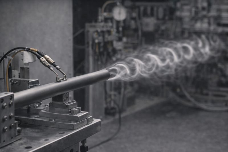Aerodynamic test scene showing airflow passing a slender cylinder with instrument mounts and a repeating wake pattern, illustrating vortex shedding frequency in fluid mechanics.