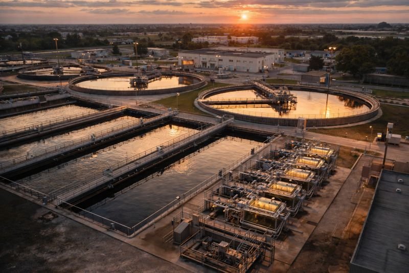 Aerial view of a wastewater treatment facility at dusk, with conventional treatment basins and modular bioelectrochemical reactor units integrated into the plant layout.
