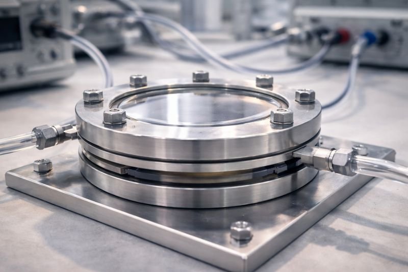 Laboratory moisture-permeation test setup for measuring water vapor transmission rate in transparent barrier film materials, with precision holders and clean instrumentation surfaces.