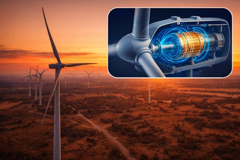 Aerial documentary-style photograph of a wind farm at dusk, with multiple turbines across an open landscape under warm evening light.
