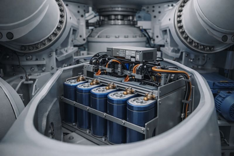 Interior of a wind turbine hub showing a compact supercapacitor module installed in the pitch control housing with cylindrical cells, wiring, and power connections