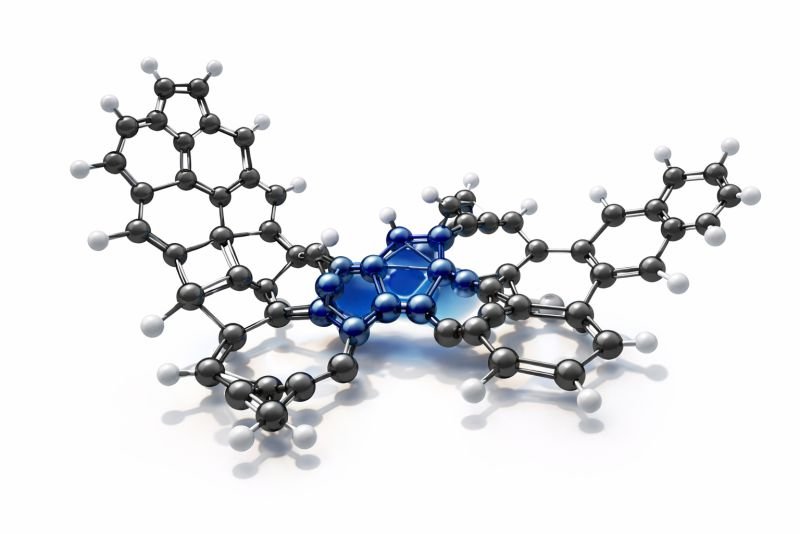 3D molecular visualization of the Y6 non-fullerene acceptor molecule used in high-efficiency organic solar cells, shown in ball-and-stick form on a clean white background.