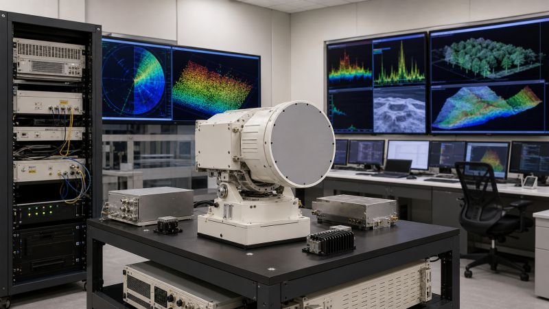 Active remote sensing control room with radar and laser ranging hardware, signal processing screens, and precision measurement equipment.