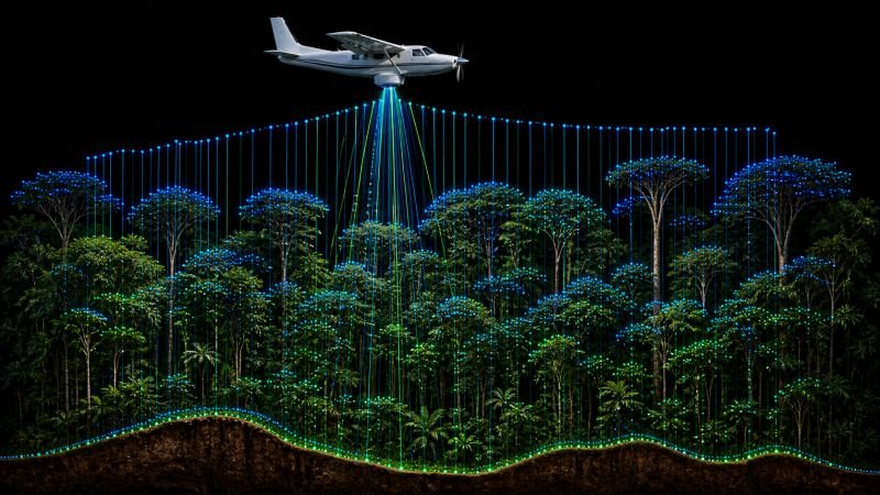 Aircraft using lidar pulses to scan a tropical forest canopy and measure tree height, canopy layers, and ground elevation.