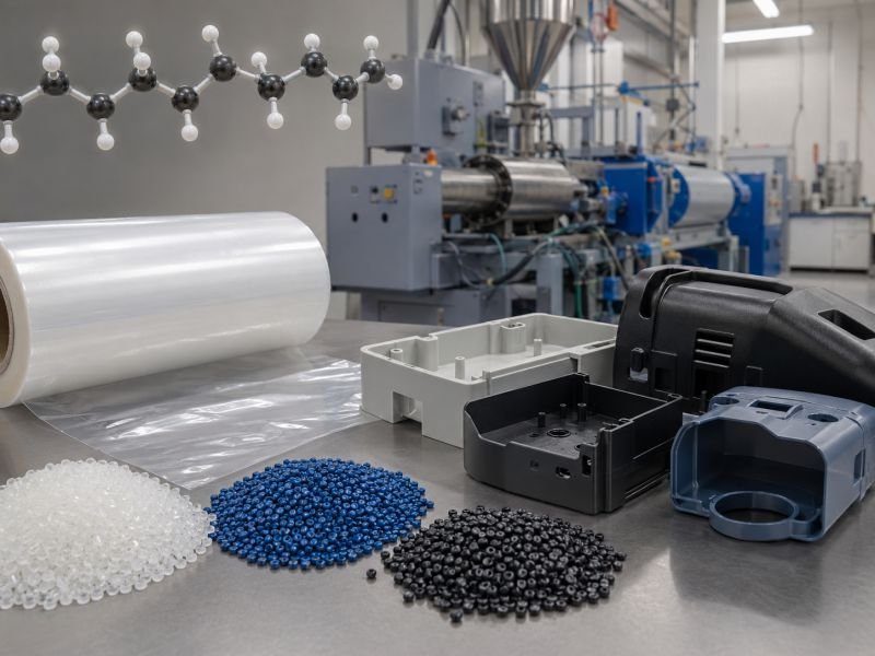 Addition polymer materials with plastic pellets, flexible film, molded housings, and a carbon backbone molecular chain in a factory lab setting.