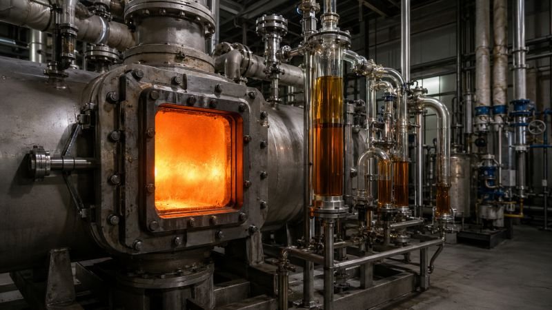Industrial pyrolysis reactor with high-temperature viewing port, steel pipework, and amber liquid hydrocarbon products from polymer recycling.
