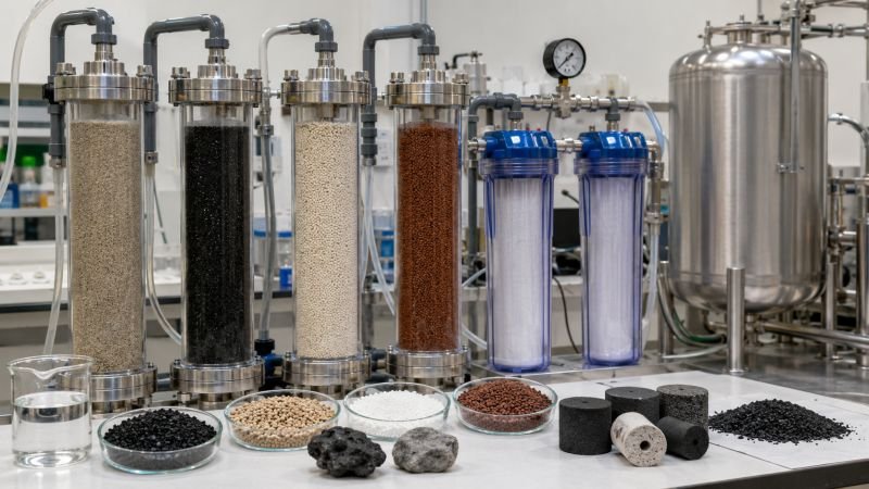 Adsorption research setup with porous adsorbent media in glass columns, water treatment vessels, and surface materials in a laboratory