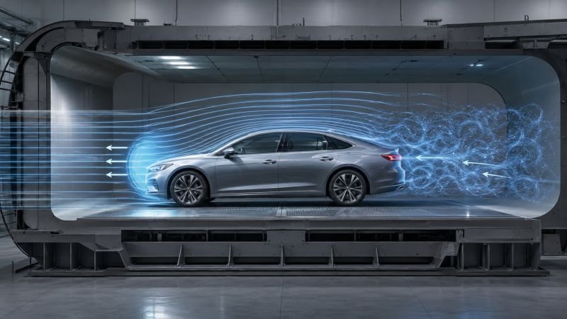 Vehicle inside a wind tunnel with airflow streamlines, high-pressure front region, turbulent wake, and drag force arrows showing aerodynamic drag