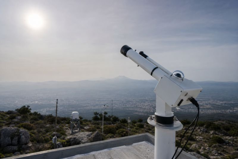 Sun photometer measuring aerosol optical depth in a hazy sky over distant terrain and mountain ridges.