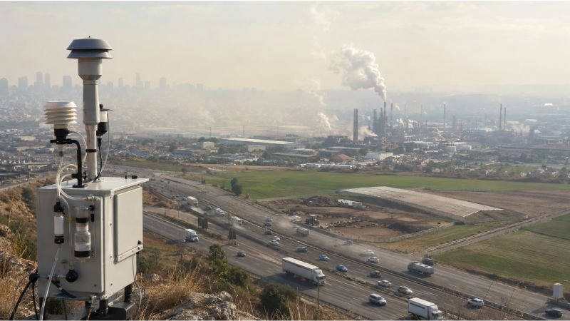 Air monitoring station overlooking traffic, industrial smoke, agricultural fields, and urban haze showing major air pollution sources