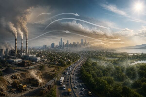 Industrial emissions, road traffic, city smog, and drifting pollution plumes showing how air pollution forms and moves across an urban landscape