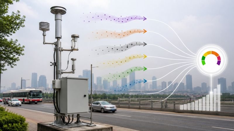Urban air quality monitoring station with sensor mast, pollutant flow overlays, and index display showing air quality index measurement