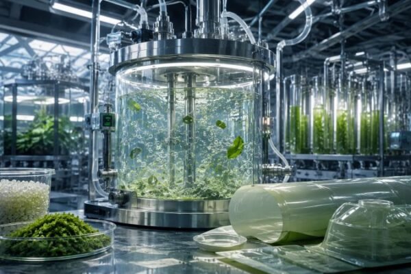 Algae-derived bioplastics production with green microalgae suspension, polymer pellets, and translucent PHA film samples in a clean lab