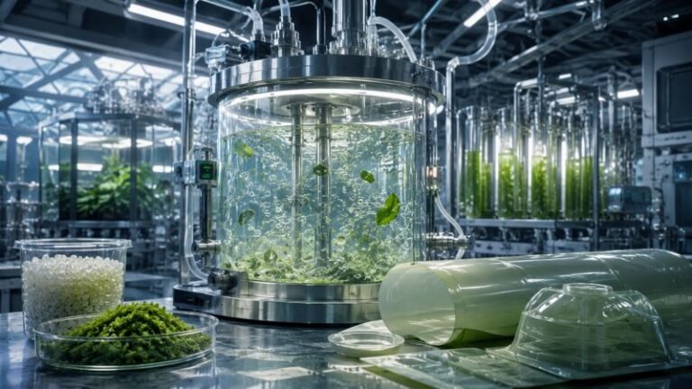 Algae-derived bioplastics production with green microalgae suspension, polymer pellets, and translucent PHA film samples in a clean lab