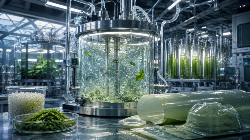 Algae-derived bioplastics production with green microalgae suspension, polymer pellets, and translucent PHA film samples in a clean lab