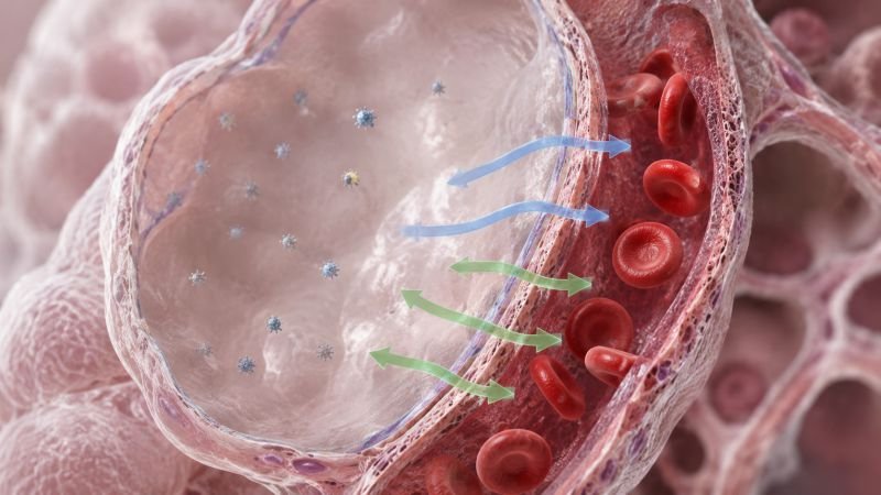 Alveolar membrane cutaway with capillary blood cells and gas diffusion across the thin lung barrier in respiratory physiology