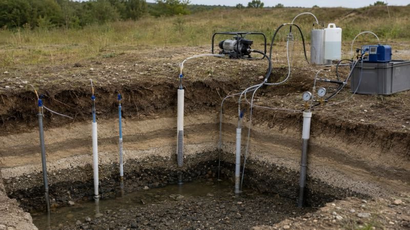 Aquifer permeability field test with monitoring wells, layered soil and sand cross-section, groundwater, and injection testing equipment