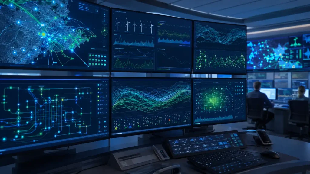 Modern grid control room with energy data displays showing how artificial intelligence in eco tech processes environmental system signals.