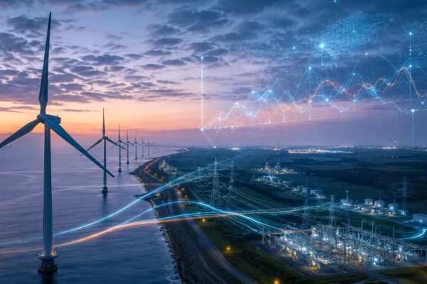 Coastal wind farm connected to power grid infrastructure with energy flow data showing artificial intelligence in eco tech optimization.