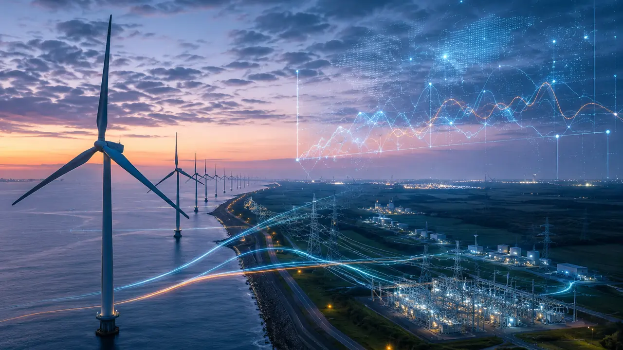 Coastal wind farm connected to power grid infrastructure with energy flow data showing artificial intelligence in eco tech optimization.