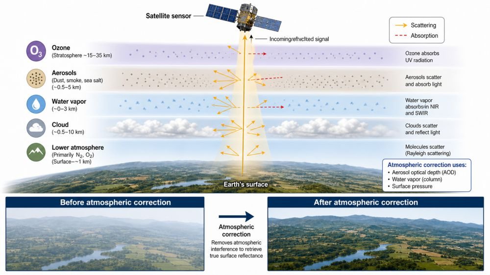 Diagram showing a satellite signal passing through atmospheric layers, including ozone, aerosols, water vapor, and clouds, with a comparison before and after atmospheric correction.