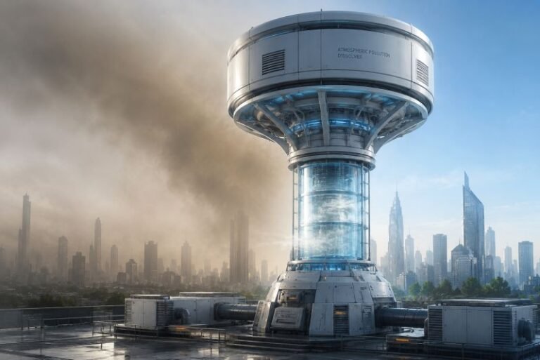 Atmospheric pollution dissolver above a dense city skyline with heavy smog and a central air treatment chamber designed to reduce urban air pollution