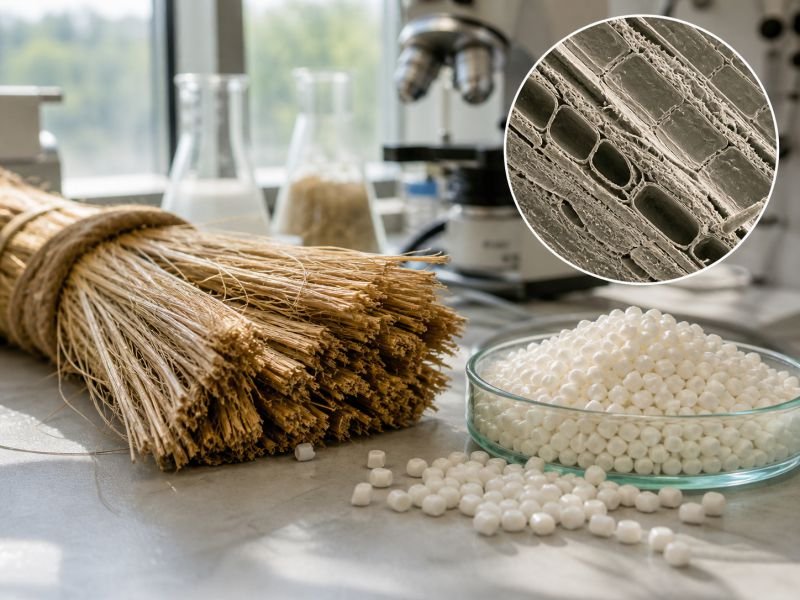 Flax fibers and PLA polymer pellets on a laboratory bench with microscope view of natural fiber microstructure.