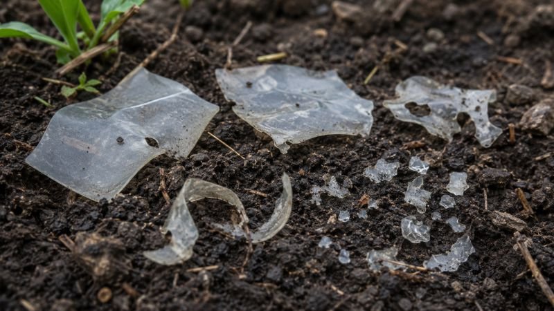 Partially degraded translucent polymer film fragments on dark soil showing cascade failure and incomplete mineralization risks in bio-programmable plastics