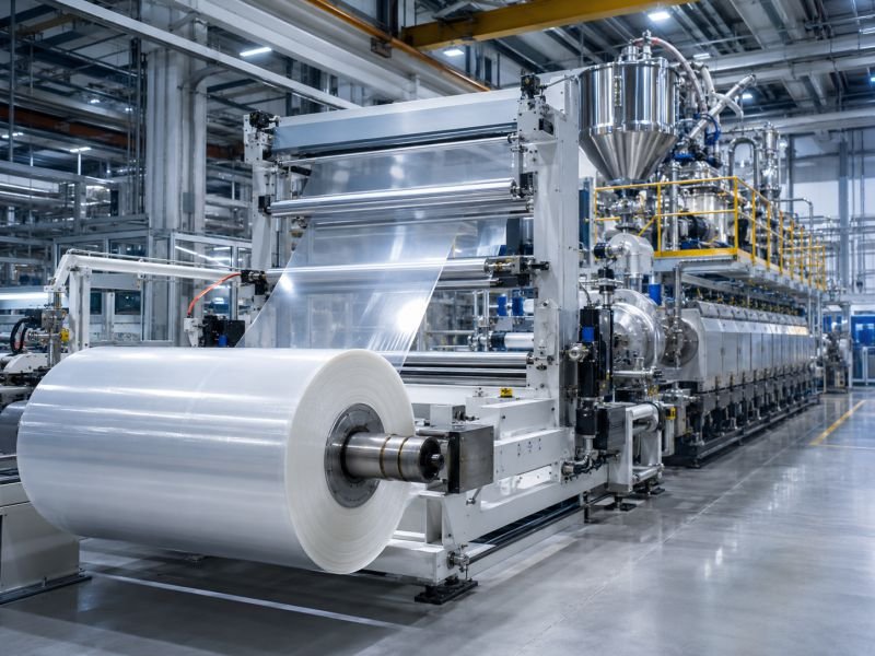 Modern polymer extrusion factory producing transparent film rolls for bio-programmable plastic materials with controlled degradation timing